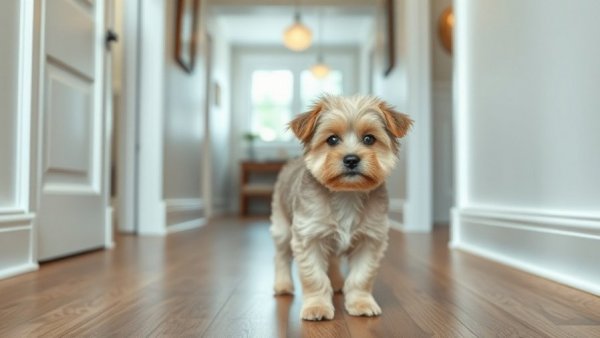 Adorable pup in hallway thinking human is teleporting.