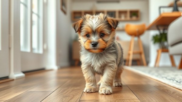Adorable puppy in modern home appears curious about teleporting human.