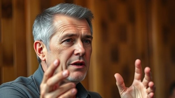 Middle-aged man confidently talking, wooden panel background.