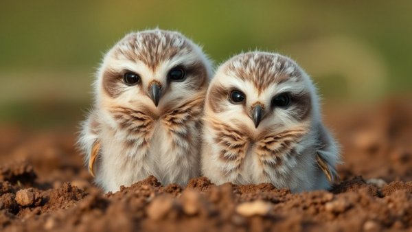 Adorable baby burrowing owls cuddling together on soil.