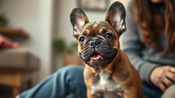Funny French Bulldog puppy antics indoors near adult.