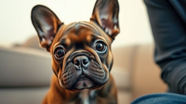 Adorable French Bulldog puppy next to a person, funny pet stories.