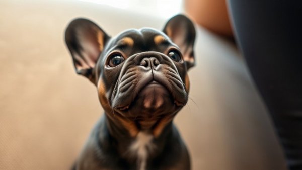 Adorable French Bulldog puppy looking up beside a person.
