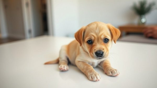 Funny puppy looking curious beside a person indoors.