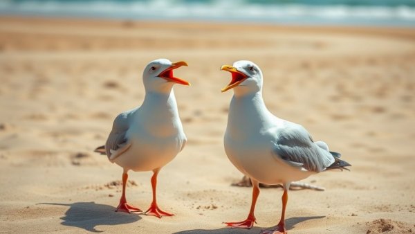 Hilarious animal videos: Two seagulls animatedly chattering on a sunny beach.