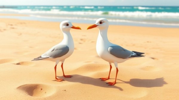 Animated seagulls talking on a sandy beach, ocean view.