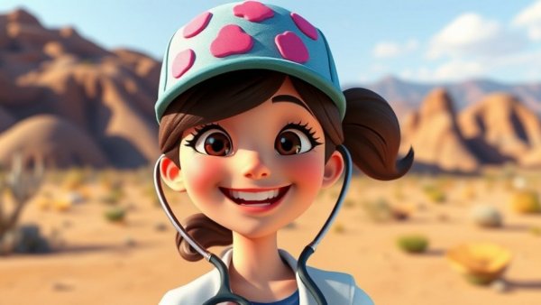 Pet cartoon for kids featuring a joyful female character in a vibrant desert setting.