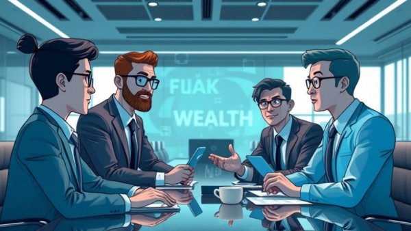 Futuristic business meeting on wealth management, digital boardroom setting.