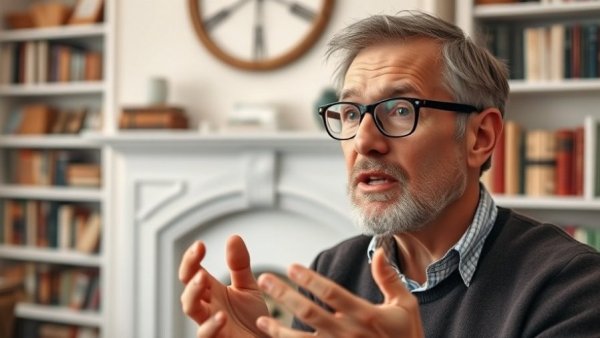 Middle-aged man discussing Vitamin D and Aging, photorealistic indoors.