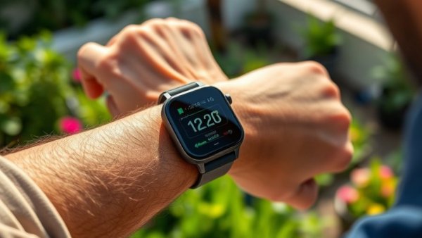 Advanced Features of Moto Watch on wrist in garden setting.