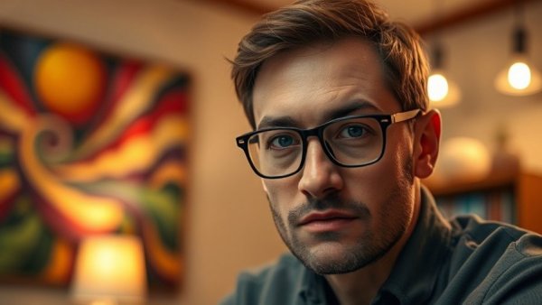 AI Image Generation with Text Prompts: Intense man with glasses in warm room.