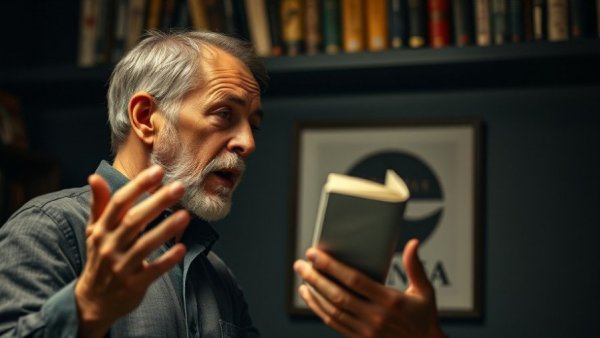 Middle-aged man discussing transformational books, dim room setting.