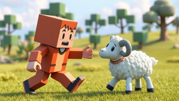 Cartoon block character interacting with a sheep in pixelated meadow, pet comedy