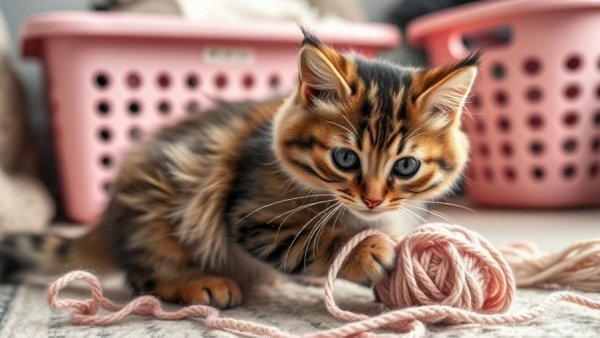 Tabby cat playing with yarn in a cozy room.