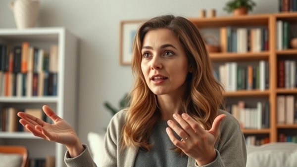 Woman discussing how to lower inflammation quickly, home setting.