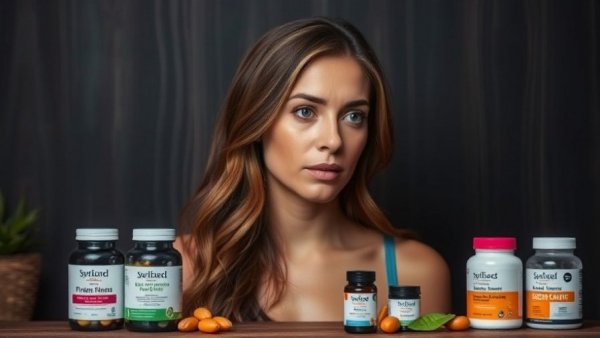 Woman discussing supplements for women over 45 with jars displayed.
