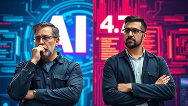 Two professionals discuss reasoning models in AI, vibrant digital theme.