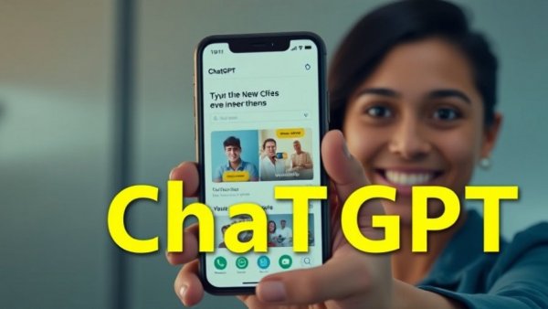 ChatGPT Ads concept with smartphone and smiling person for marketing.