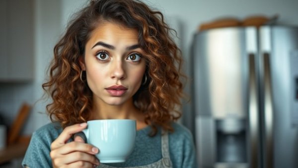 Curious woman holding a cup in a kitchen setting.