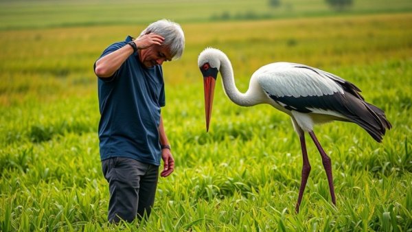 Funniest animal moment: Shoebill stork and person bowing humorously on grassy field.
