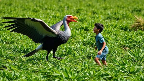 Funny interaction between a human and a large bird on a green field.