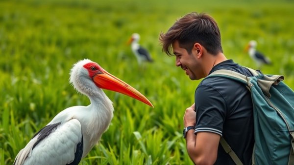Funny animal moments of 2026: Man interacting with shoebill.