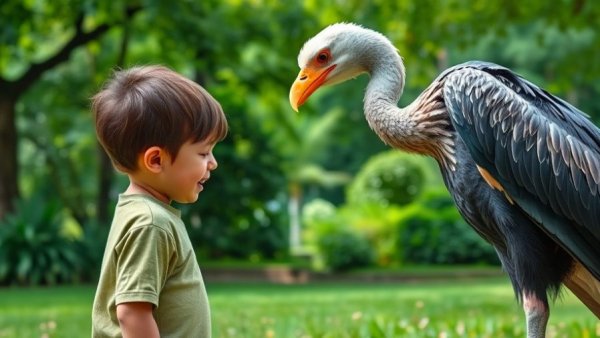 Amusing scene in a park with person bowing to bird