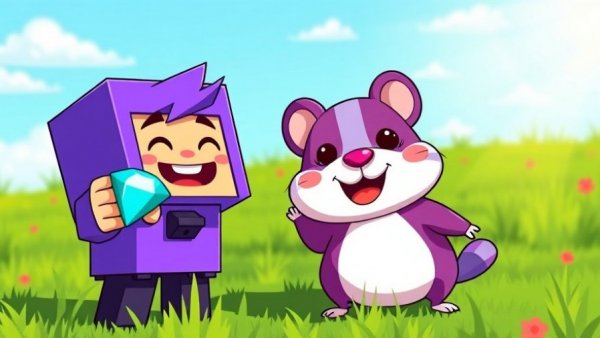 Pet comedy cartoon with blocky character and purple hamster.