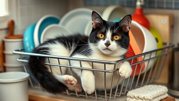 Mischievous cat lounging in a dish rack, embodying 'cats being jerks'.
