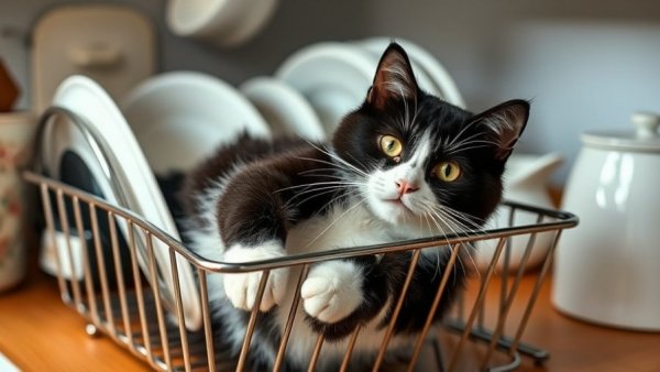 Mischievous cat lounging in dish rack on kitchen counter.