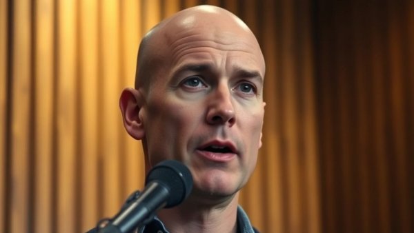 Bald man discussing content marketing with microphone, warm lighting.