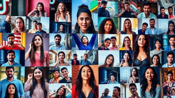 Digital collage of TikTok videos showcasing various people with view counts.