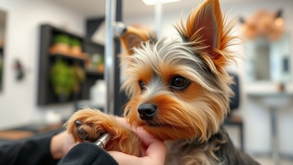 Yorkshire terrier being groomed in a salon; Dog Grooming Tips.