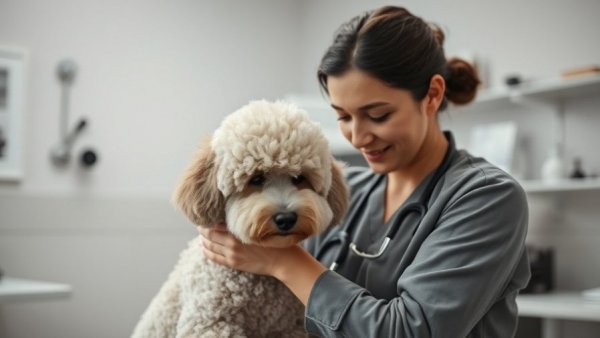 Compassionate vet with poodle in clinic, highlighting pet health services.