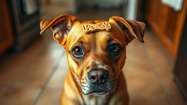 Curious brown dog with treat on head in a funny pose.