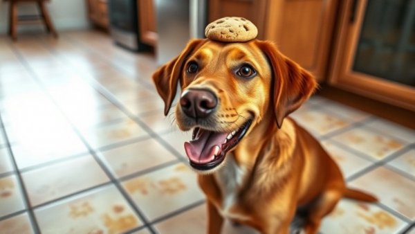 Playful brown dog with a cookie on its head in a kitchen, funniest dogs around the world.