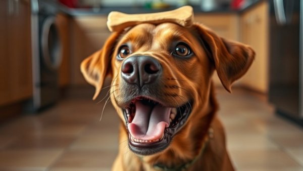 Playful dog balances treat on head, funny pet stories, indoors.