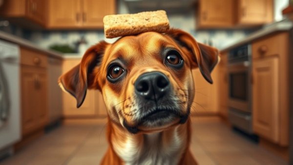 Funny dog with treat balancing on head for pet funniest videos