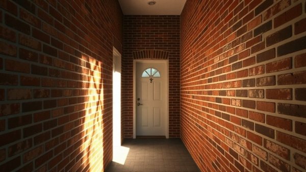 Shadowy hallway with brick walls in neighborhood.