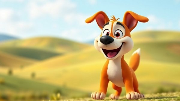 Funny pet cartoons: playful cartoon dog with big smile outdoors.