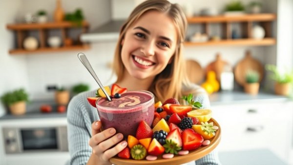 Young woman presenting healthy snacks, vibrant fruits and acai bowl.