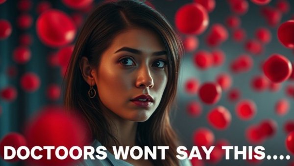 Concerned woman and bold text with vibrant blood cell background.