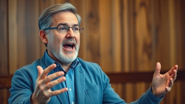 Animated speaker discussing digital marketing strategies, dynamic expression.