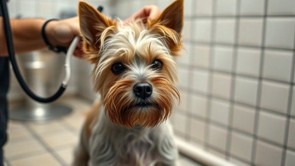 Dog Grooming Tips: Terrier calmly groomed on table.