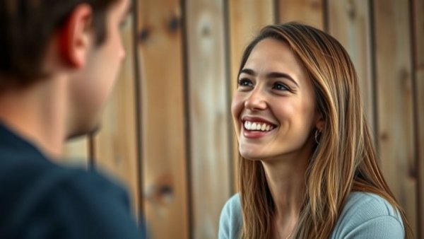 Young woman smiling in conversation, photorealistic portrait.