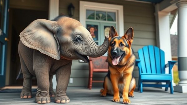 Funniest animal odd couples: young elephant and German Shepherd interact on porch.
