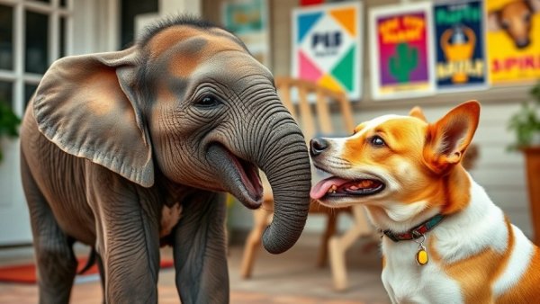 Playful elephant calf and curious dog interacting, pet funniest videos.
