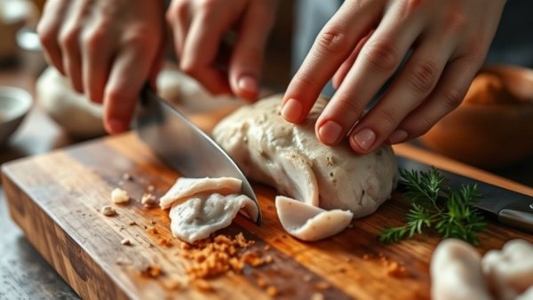 Finely chopped chicken breast on a board for chicken salad for cats.
