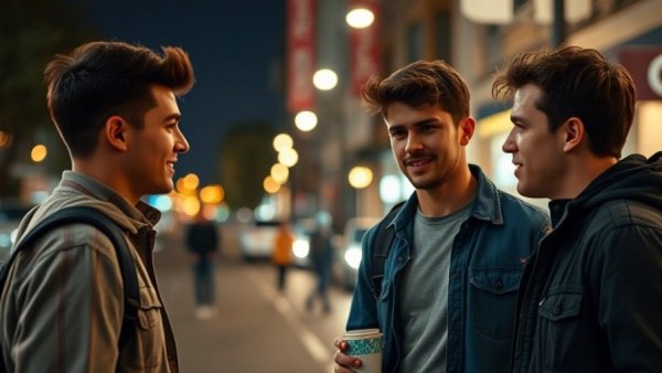 Casual street gathering with friends at night, AI automation business 2026.