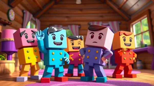 Pet comedy scene with block-style characters in a vibrant cartoon environment.